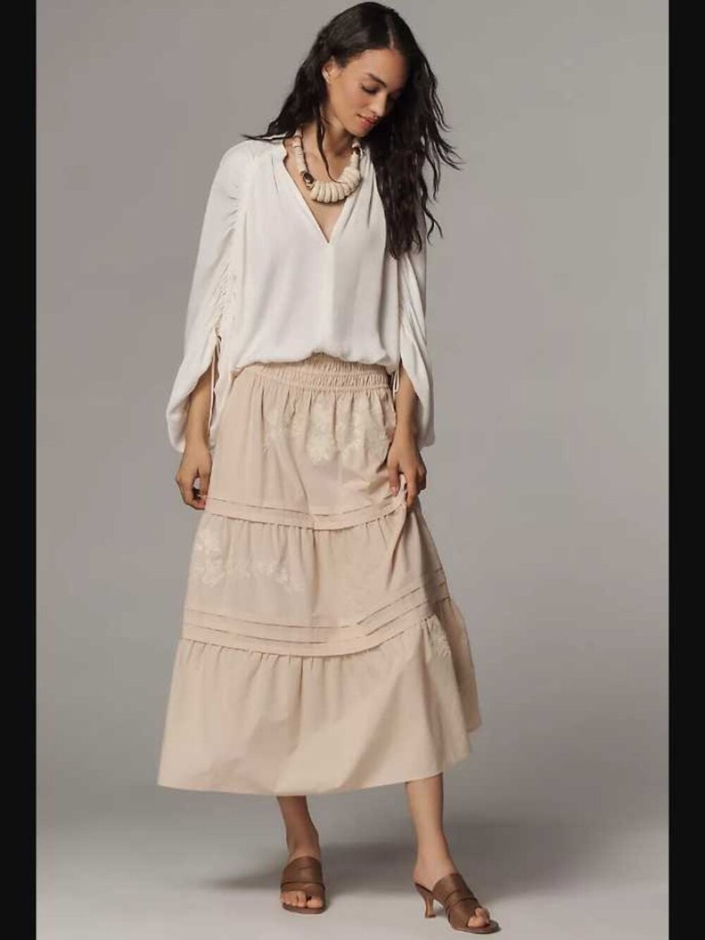 New XL Anthropologie The Somerset embroidered maxi skirt in Frosted Almond